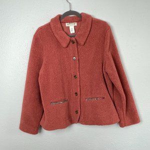 Vintage Orvis Womens Salmon Sherpa Fleece Teddy Bear Tapestry Jacket - Size L